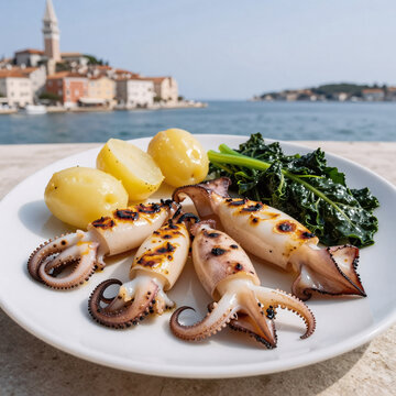 Origami Sea Food. Grilled Squid, Boiled Potatoes, And Chard Blitva Served On A White Plate In Traditional Croatian Style With The Sea As A Backdrop (Rovinj, July 2017)