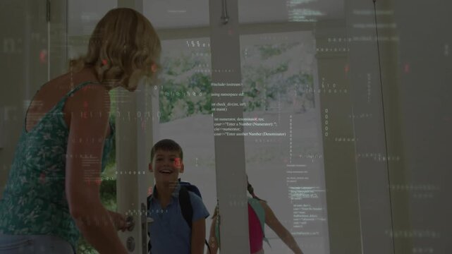 Mother reaching glass-paneled door opening home entry children entering with backpacks and hugging