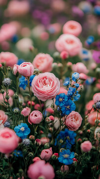 Vibrant and romantic close-up of dreamy garden filled with lush, blooming pink roses and delicate blue wildflowers, creating serene and beautiful spring tapestry.