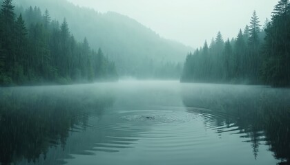 Fototapeta premium Misty lake in forest during rainfall. Calm water shows rain drops creating ripples. Green trees line the misty shore, creating tranquil nature mood.