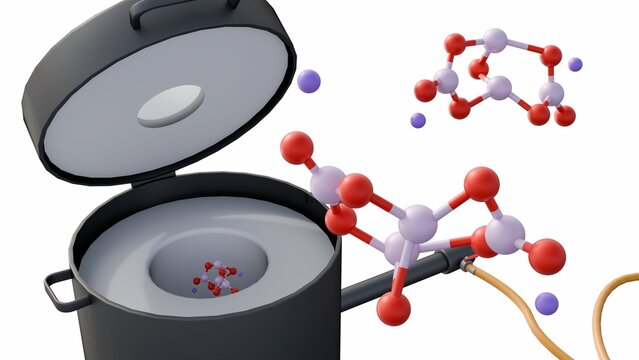 A 3D render shows borax molecules rising from an open kiln. This highlights the chemical heating process used in smelting or glassmaking.