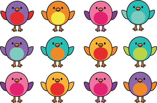 Collection of colorful round bird characters with different wing positions and vibrant colors for kids education and nursery decor concept flat vector