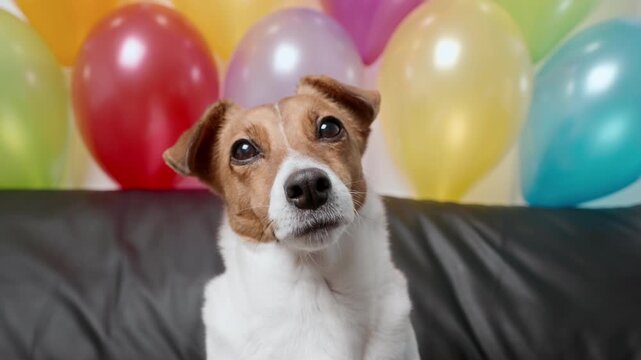 Portrait view cute Jack Russell Terrier dog celebrating birthday colorful balloons background. Pet party indoor celebration. Domestic animal health care wellness lifestyle scene.