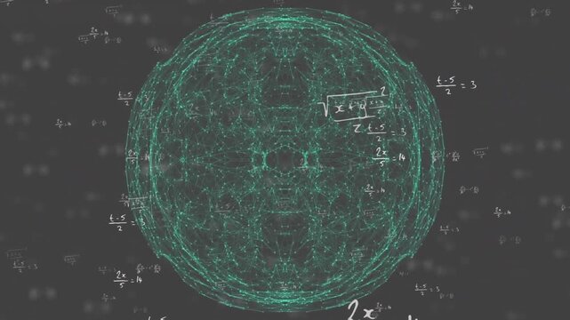 Starting glowing cyan sphere rotating, deforming, splitting, merging, showing math network patterns