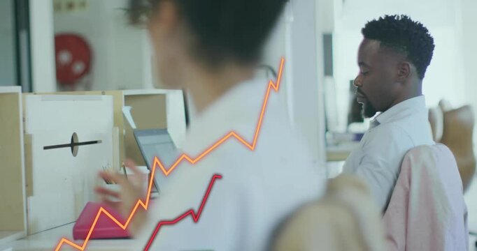 Woman flipping binder in office showing rising business graph man turning smiling sharing success