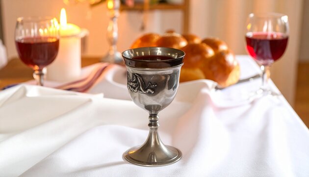 "Shabbat table with Kiddush cup, wine glasses, challah bread, and lit candles, symbolizing sanctification, blessing, and ritual tradition."