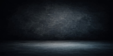 Fototapeta premium An empty dark room interior features an aged concrete wall with a vintage grunge texture and a black stone floor pattern for a blank industrial backdrop design