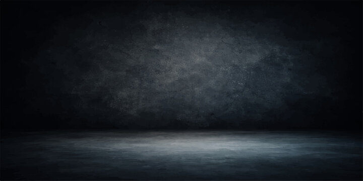 An empty dark room interior features an aged concrete wall with a vintage grunge texture and a black stone floor pattern for a blank industrial backdrop design