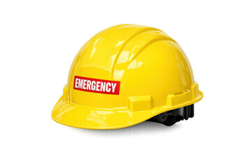 Fototapeta premium Yellow hard hat with emergency label protecting workers