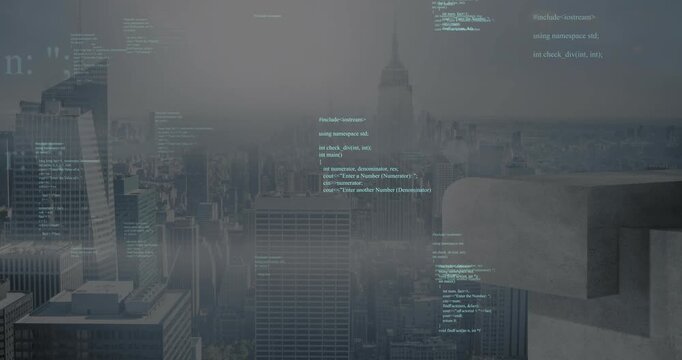 Foggy skyline focusing with code snippets fading, scrolling and zooming showing digital flow