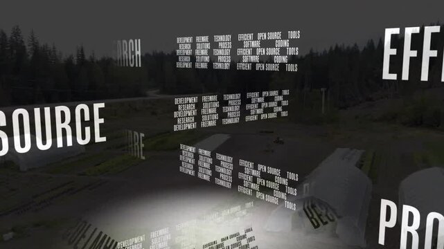 Drone flying over greenhouses, 3D words rotating and casting light, promoting open source agritech