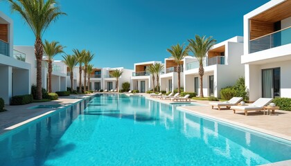 Fototapeta premium Modern white resort complex with long blue swimming pool surrounded by palm trees. Outdoor lounge chairs and tables sit on paved deck area next to tropical vacation villas.