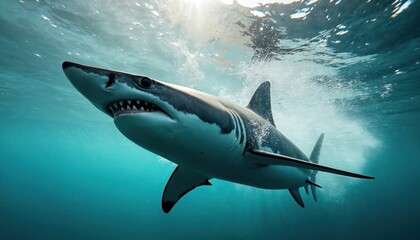 Fototapeta premium Powerful swims fast underwater. Big fish moves through blue ocean water. Marine life predator shows sharp teeth and agile body. Sea creature hunts in deep water.