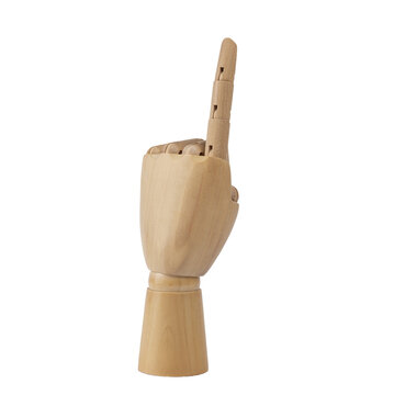 Wooden hand with index finger pointing upward. Isolated on white background. Copy space. Concept of show, indicate, symbol, gesture and sign
