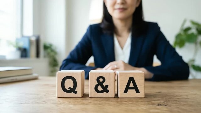 Q＆Aブロックを整える紺色のスーツ姿の女性
