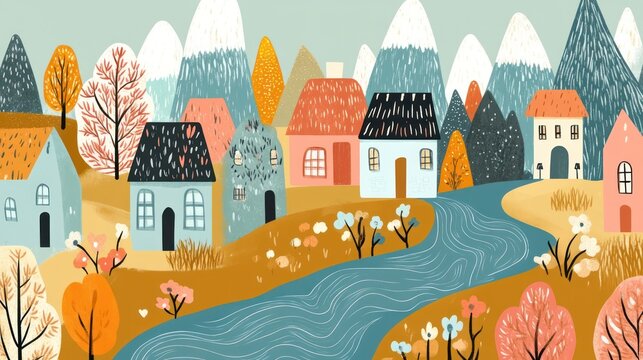 Autumnal village nestled by a river, mountains in background, colorful houses, kids' book illustration