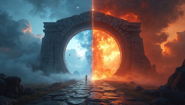 Massive stone portal divides path into heaven and hell zones. One side shows calm blue sky with birds, the other fiery red clouds and flames. Figure stands at stone gate crossroads making choice.