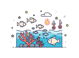 Naklejka premium Ocean ecosystem impact scene with coral bleaching, simple fish shapes, and temperature icons expressing warming waters and marine stress. Minimalist flat