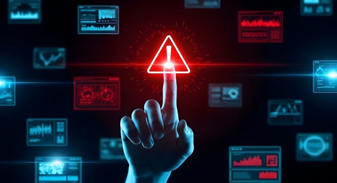A hand pressing a glowing red warning sign on a futuristic interface with various screens and graphs in the background