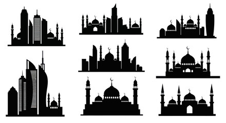 Naklejka premium Islamic City Skyline Silhouette - Mosques and Modern Buildings Vector