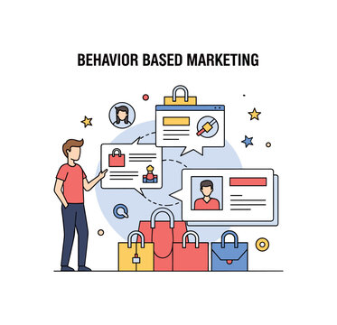 Behavior based marketing illustration with a user interacting with products and receiving tailored suggestions expressing engagement, tracking, and relevance.
