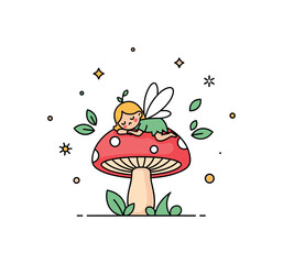 Naklejka premium Mini forest fairy a small fairy resting on a mushroom cap with simple leaf accents and a calm dreamy expression. The composition conveys peaceful woodland