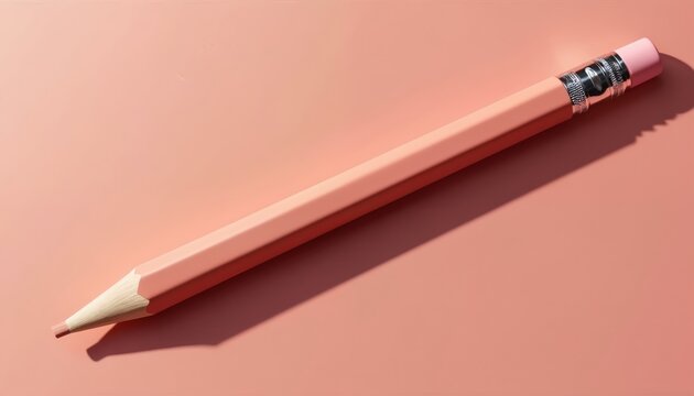Pink pencil with pink eraser sits on pink surface. Single writing instrument casts long shadow. Object is clean sharp ready for use. Stationery for drawing writing or art.