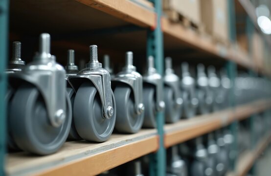Metal casters with grey wheels sit on shelf in warehouse. Row of identical rolling parts ready for assembly or sale. Industrial inventory for furniture and equipment.