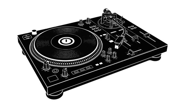 A black and white vector illustration of a DJ turntable on a plain background