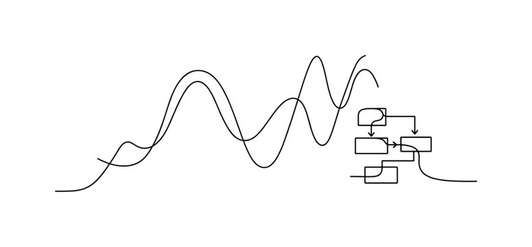 Data Science Illustration. Minimalistic one-line drawing graph line combined with small algorithm block diagram, continuous single black line on