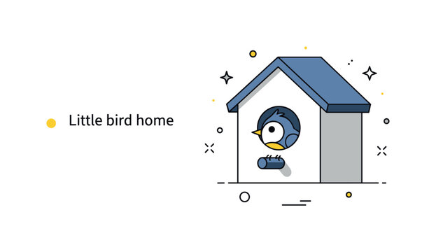 Little bird home a tiny bird peeking out of a birdhouse opening with a gentle expression and simple perch detail. The composition conveys curiosity and comfort