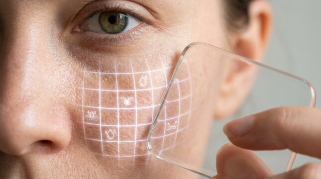 Close up of female face with a futuristic transparent skin scanner, white holographic grid and icons showing skin hydration and pore analysis, beauty technology and dermatology concept
