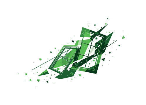 fragmented window drifting among stars, green geometric shapes and sharp lines slicing through composition, flat colors and strong contrast, conceptual modern