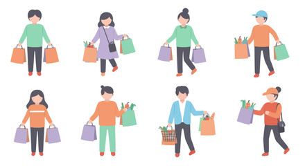 Fototapeta premium Diverse people with shopping bags, flat illustration, retail groceries