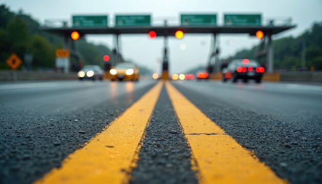 Cars drive on wet highway asphalt toward toll plaza under gray skies. Yellow lines mark lanes near payment booths with red and yellow lights signaling traffic flow.