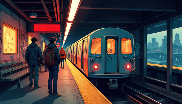 People wait on subway platform at dusk near train. City skyline visible through station window. Evening urban transit scene with graffiti art on wall.