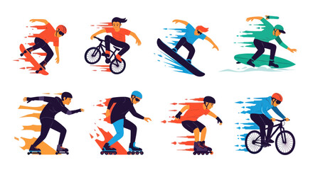Obraz premium Flat vector illustration of people in action sports, diverse activities, movement