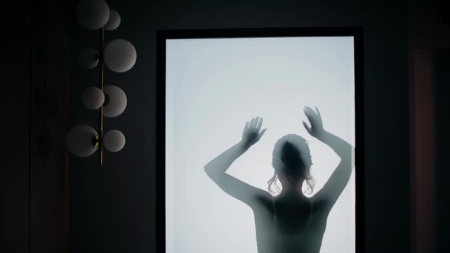 The silhouette of the girl is visible through the glass. The girl leans back against the glass and poses.