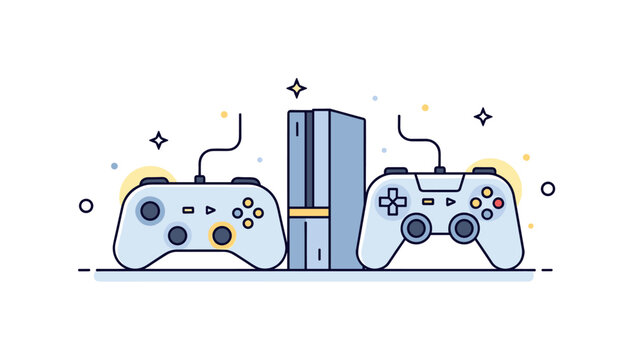 Game controller and console pairing with subtle glow and button details conveying interaction, control, and gaming culture. Minimalist flat vector