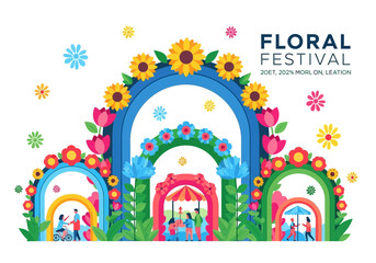 Fototapeta premium Vibrant Floral Festival Archways with People Celebrating.