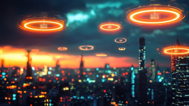 Futuristic cityscape flying objects