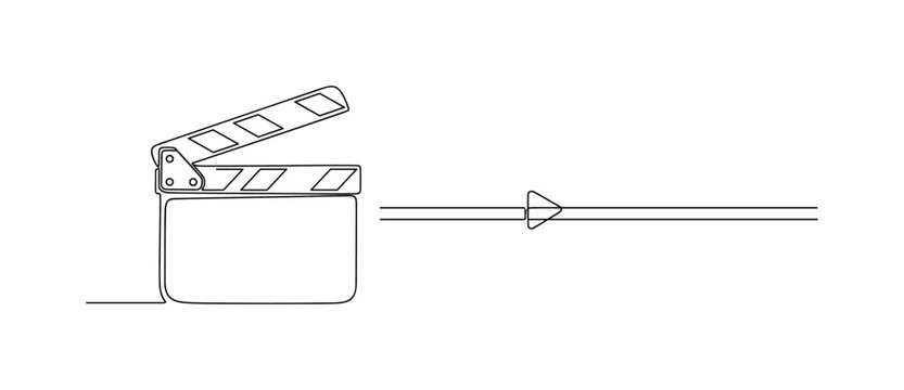 Film Editing Idea. Minimalistic one-line drawing clapperboard beside horizontal timeline with small playhead indicator, continuous single black line on white