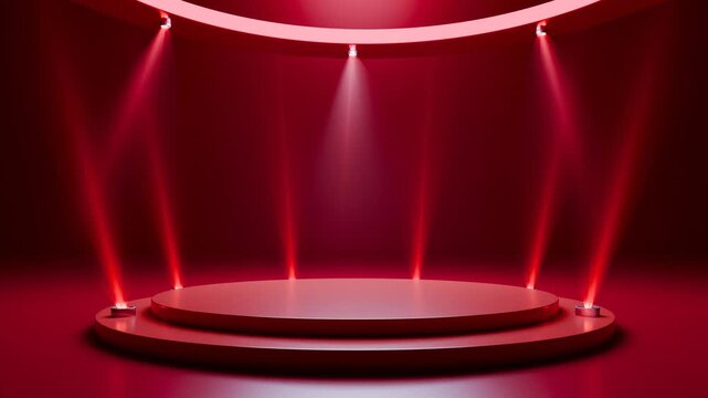 Seamless loop of red stage podium with bright spotlights and circular ceiling light. 3D animation	
