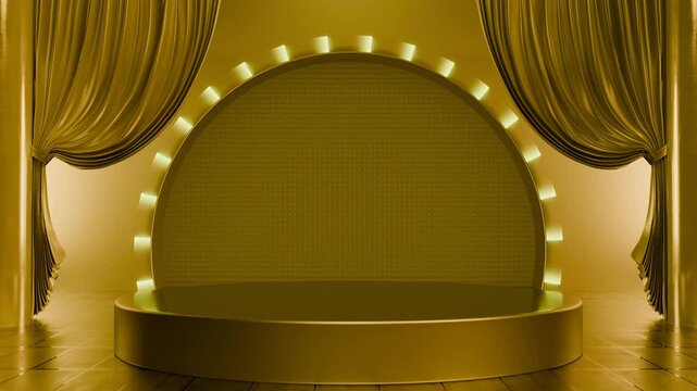 Seamless loop of golden stage podium with elegant curtains and circular neon lights. 3D animation	
