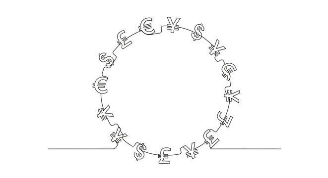 Global currency symbols circle continuous line drawing. Worldwide money exchange, international finance, economy concept illustration.