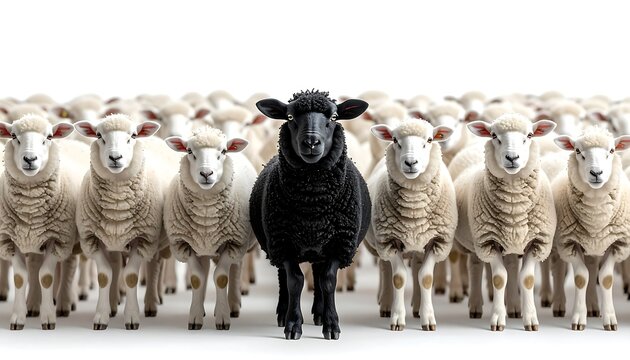 A flock of white sheep surrounds a singular black sheep, standing out against a plain, white background