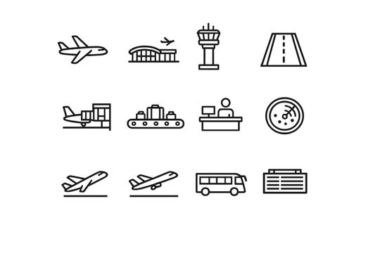 Aviation Icon Set. Aviation and Airports. Line outline icon set of Aviation and Airports: airplane, airport