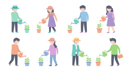 Fototapeta premium Children watering plants, illustration, gardening, farming, hobby
