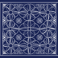 Fototapeta premium A vector design featuring a dark blue background with a repeating pattern of floral motifs and symmetrical, elegant leaf curves, perfect for batik and scarves 