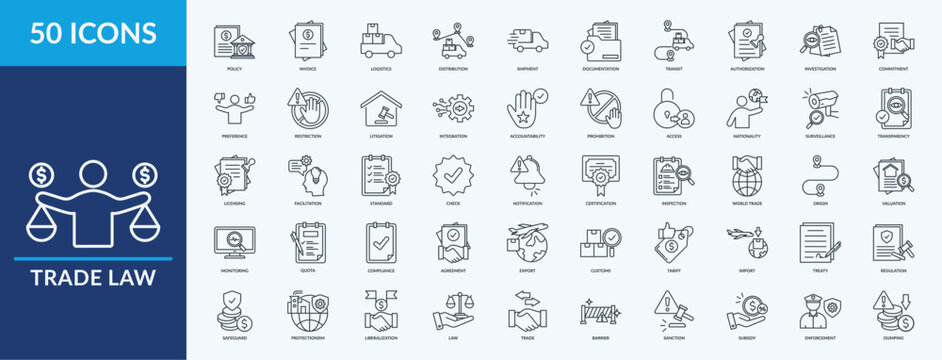 Trade Law - Icon Collection. Thin Outline Set contains such Icons as logistics, valuation, subsidy and more. Simple web icons set